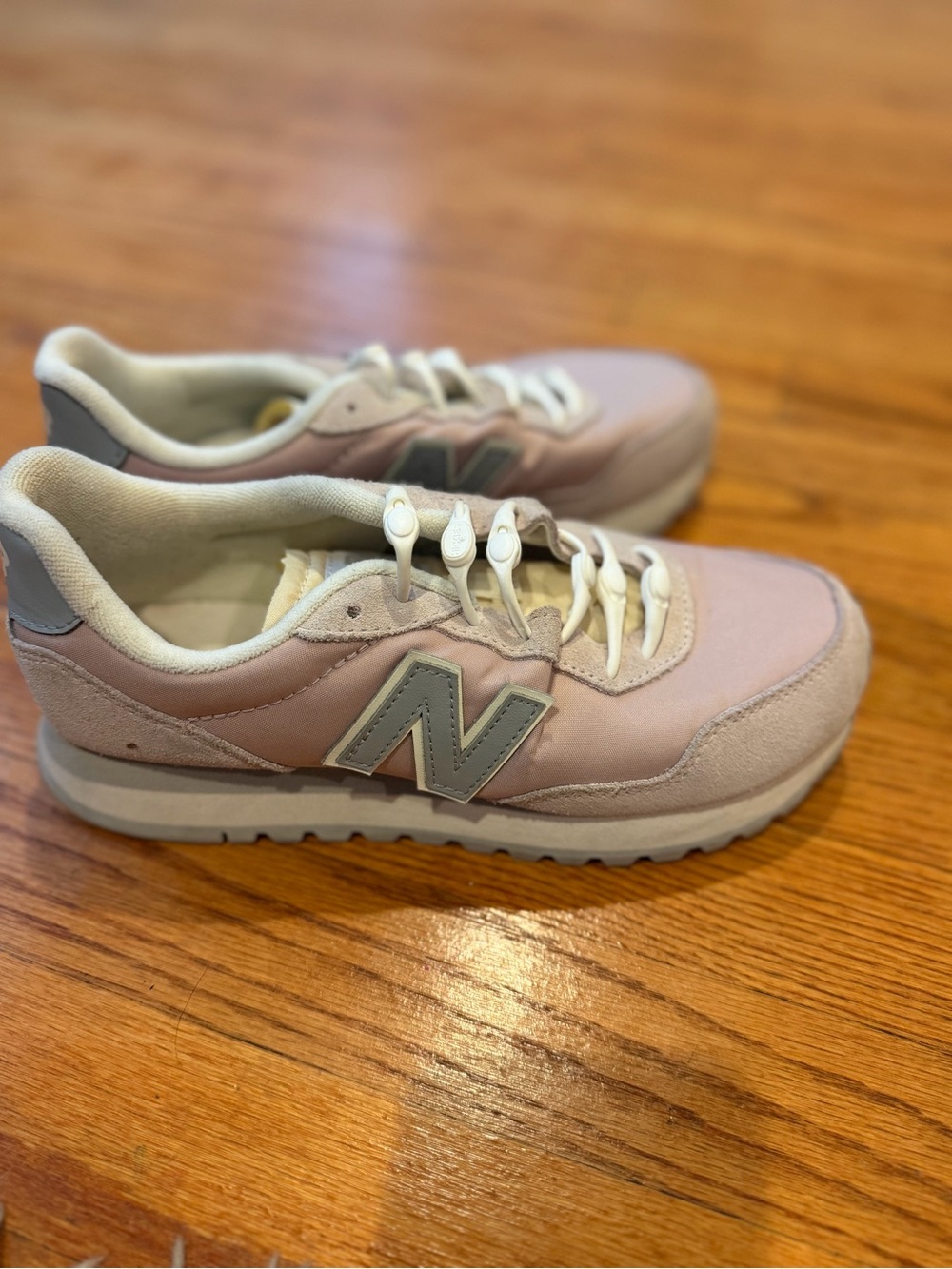 New Balance 527 Blush Pink Gray Sneakers w/ Hickies No-Tie Laces